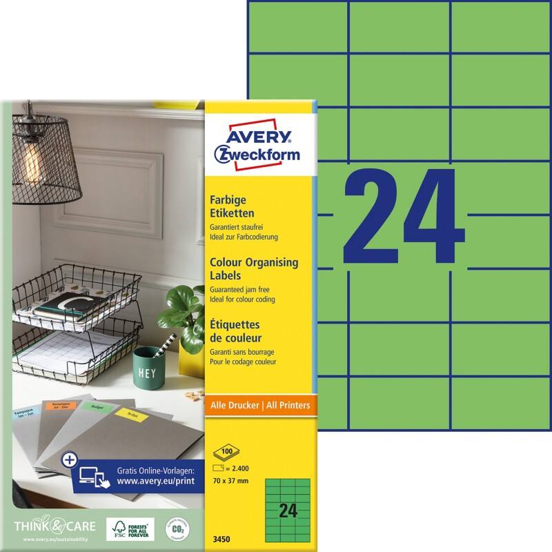 Étiquettes universelles Avery 3450 Adhésif A4 Vert 70 x 37 mm 100 Feuilles de 24 Étiquettes