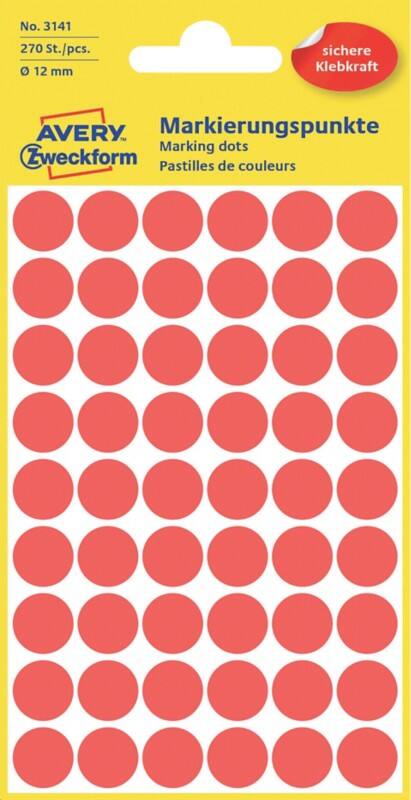 Pastilles autocollantes Avery 3141 Adhésif Rouge 12 x 12 mm 5 Feuilles de 54 Étiquettes