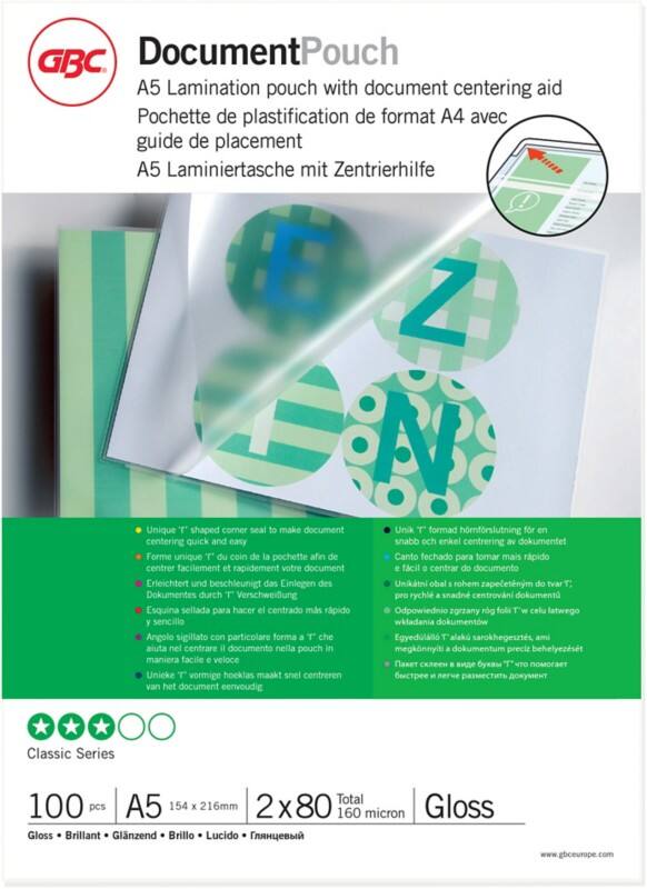 Pochette de plastification GBC Document A5 Non Adhésif Brillant 80 (2 x 80 microns) Transparent 100 Unités