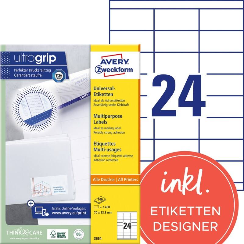 Étiquettes universelles Ultragrip Avery 3664 Adhésif A4 Blanc 70 x 33.8 mm 100 Feuilles de 24 Étiquettes
