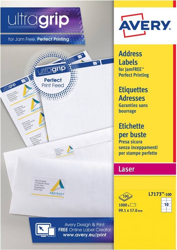 Étiquettes d'adresse Ultragrip Avery L7173-100 Adhésif A4 Blanc 99.1 x 57 mm 100 Feuilles de 10 Étiquettes