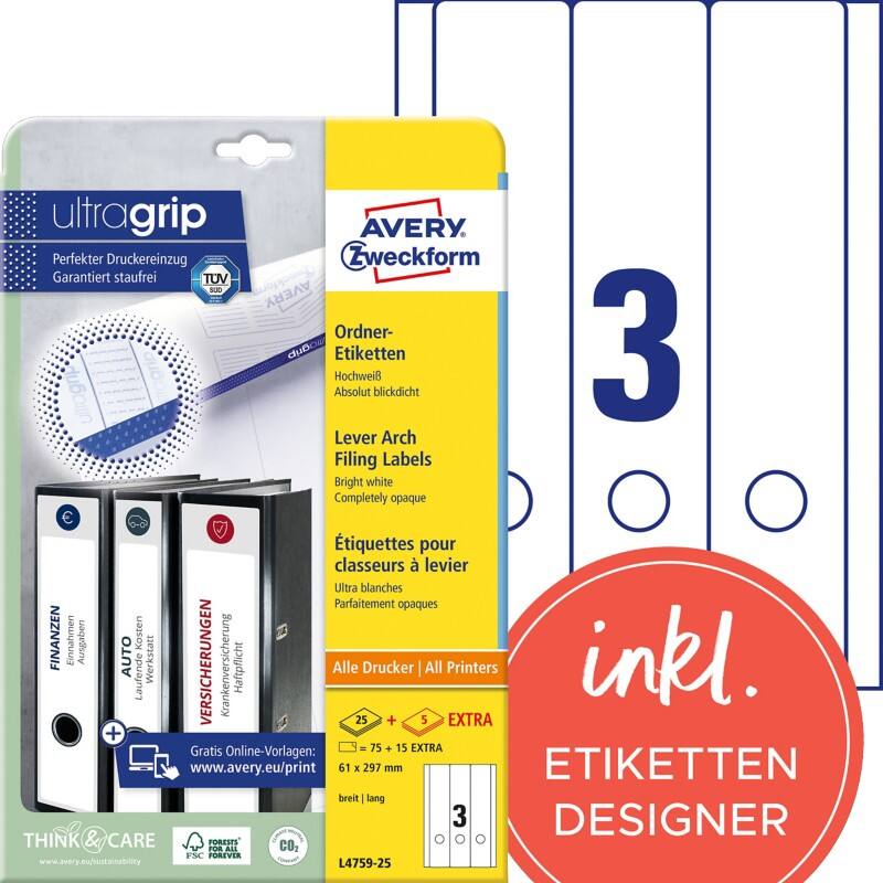 Étiquettes pour dos de classeur Blockout Avery L4759-25 Ultragrip Blanc A4 61 mm 25 Feuilles de 3 Étiquettes