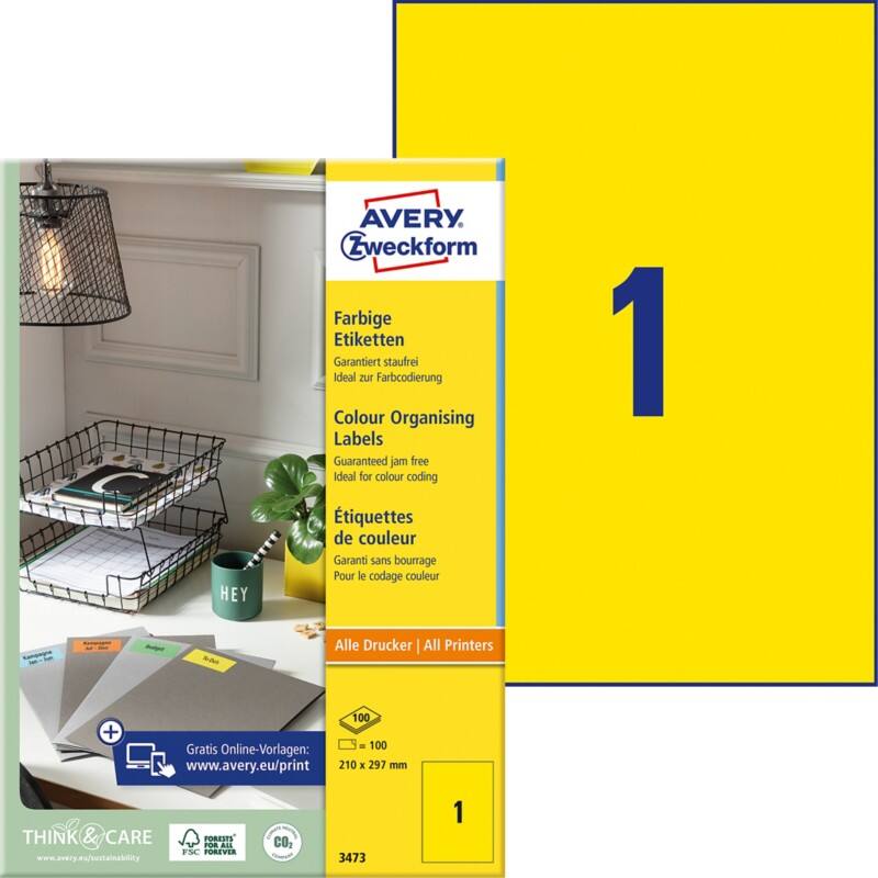 Étiquettes universelles Avery 3473 Adhésif A4 Jaune 210 x 297 mm 100 Feuilles de 1 Étiquettes