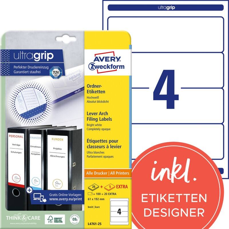 Étiquette pour dos de classeur Avery Ultragrip L4761-25 Adhésif A4 Blanc 6,1 x 19,2 cm 25 Feuilles de 4 Étiquettes