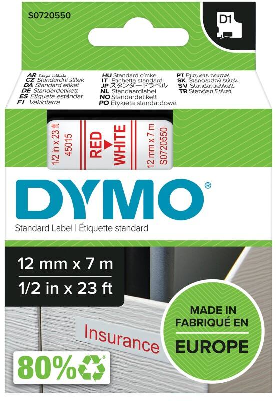 Ruban d'étiquettes DYMO D1 Authentique 45015 S0720550 Autocollantes Rouge sur blanc 12 mm x 7 m