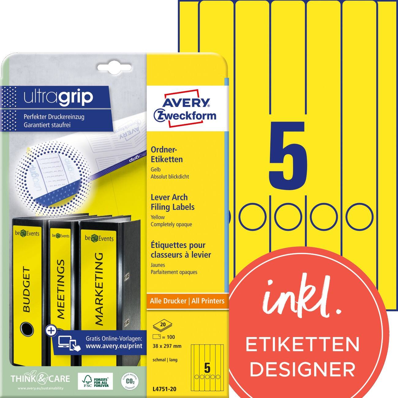 Étiquettes pour dos de classeur AVERY Zweckform UltraGrip Adhésif Étroit L4751-20 A4 38 x 297 mm Jaune 20 feuilles de 5 étiquettes