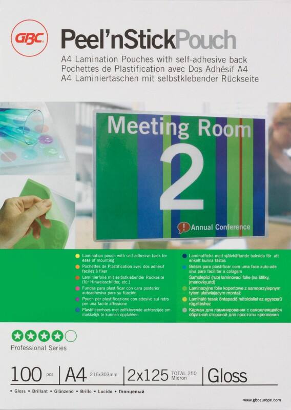 Pochette de plastification Peel'nStick GBC A4 Adhésif Brillant 125 microns (2 x 125) Transparent 100 Unités
