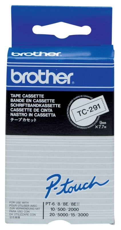 Étiquettes Brother TC-291 d’origine Autocollantes Noir sur blanc 9 mm x 7,7 m