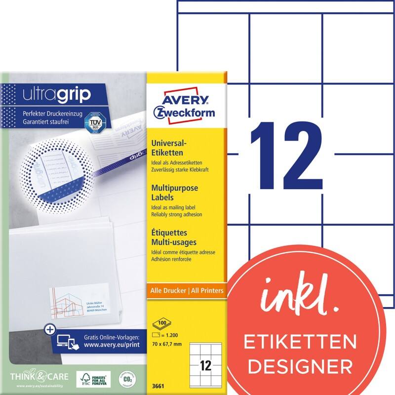 Étiquettes universelles Ultragrip Avery 3661 Adhésif A4 Blanc 70 x 67.7 mm 100 Feuilles de 12 Étiquettes