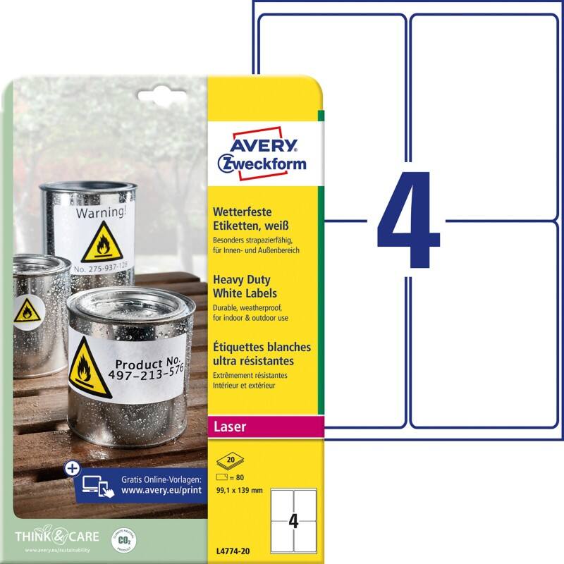 Étiquettes résistantes aux intempéries Avery Heavy Duty A4 Blanc 99.1 x 139 mm 20 Feuilles de 4 Étiquettes
