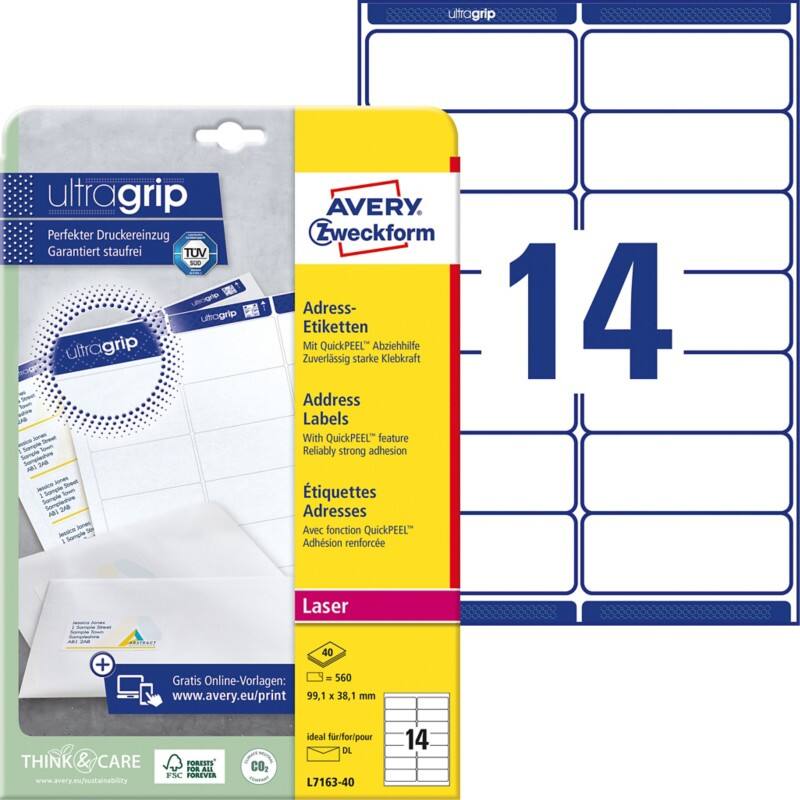 Étiquette d'adresse Ultragrip Avery L7163-40 Adhésif A4 Blanc 99.1 x 38.1 mm 40 Feuilles de 14 Étiquettes