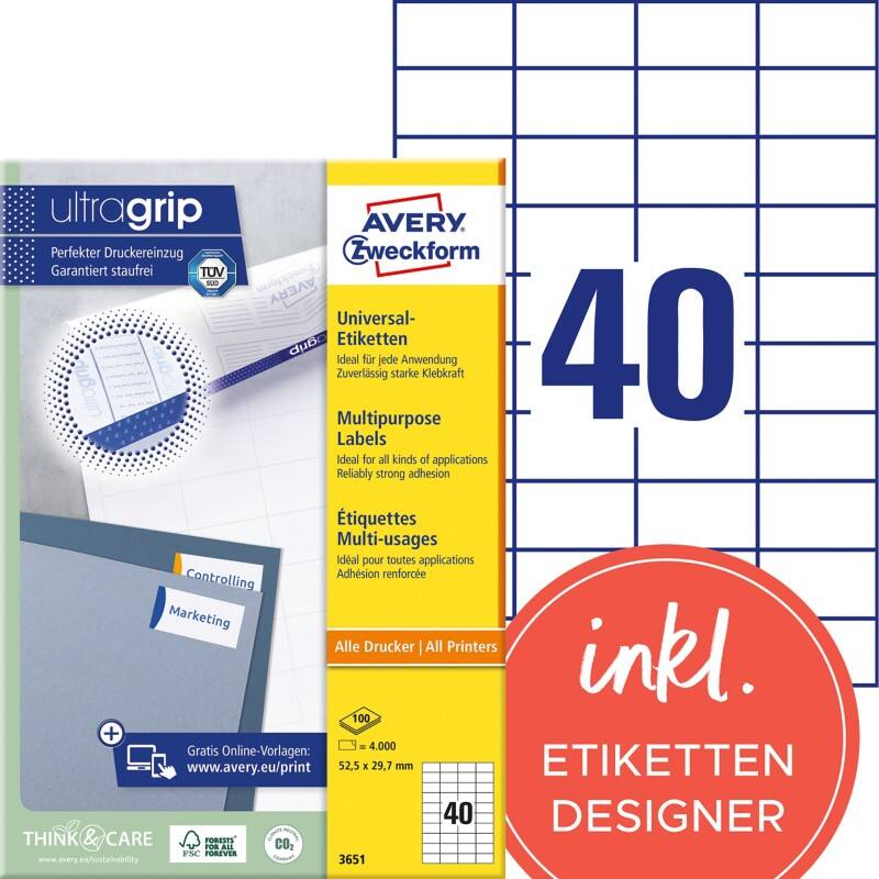 Étiquettes universelles Ultragrip Avery 3651 Adhésif A4 Blanc 52.5 x 29.7 mm 100 Feuilles de 40 Étiquettes