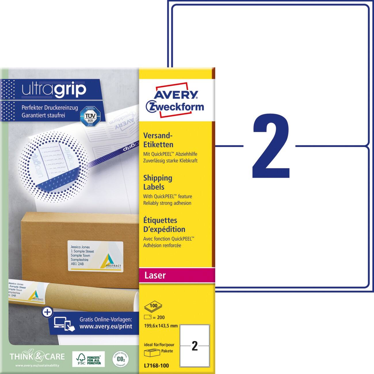 Étiquettes d'expédition AVERY Zweckform UltraGrip L7168-100 Adhésif A4 Blanc 199,6 x 143,5 mm 100 feuilles de 2 unités