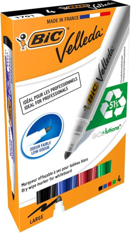 Marqueur pour tableau blanc BIC Velleda 1701 Non permanent Assortiment Large Ogive - 51% Recyclé 4 Unités