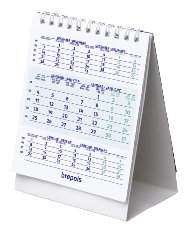 Calendrier de bureau Brepols Table Top Calendar 2026 3 Mois par page Anglais 10,5 (L) x 0,4 (P) x 13 (H) cm Blanc