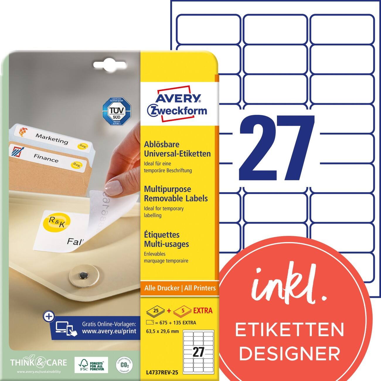 Étiquettes AVERY Zweckform L4737REV-25 Adhésif A4 Blanc 63,5 x 29,6 mm 30 feuilles de 27 unités