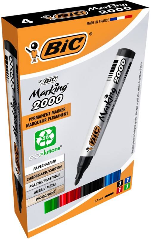 Marqueur permanent BIC Marking 2000 51% Recyclé Moyen Ogive 1,7 - 1,7 mm Assortiment 4 Unités