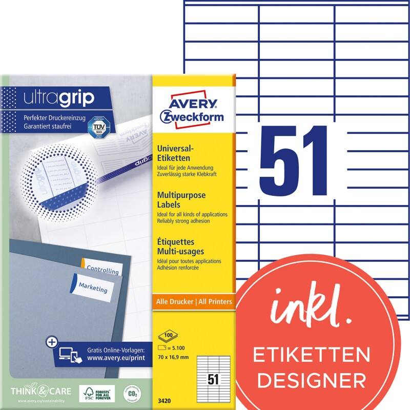 Étiquettes universelles Ultragrip Avery 3420 Adhésif A4 Blanc 70 x 16.9 mm 100 Feuilles de 51 Étiquettes