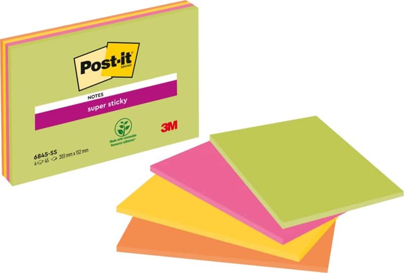 Notes Super Sticky Super Sticky Post-it 203 x 152 mm Assortiment Rectangulaire Page blanche 4 Unités de 45 Feuilles