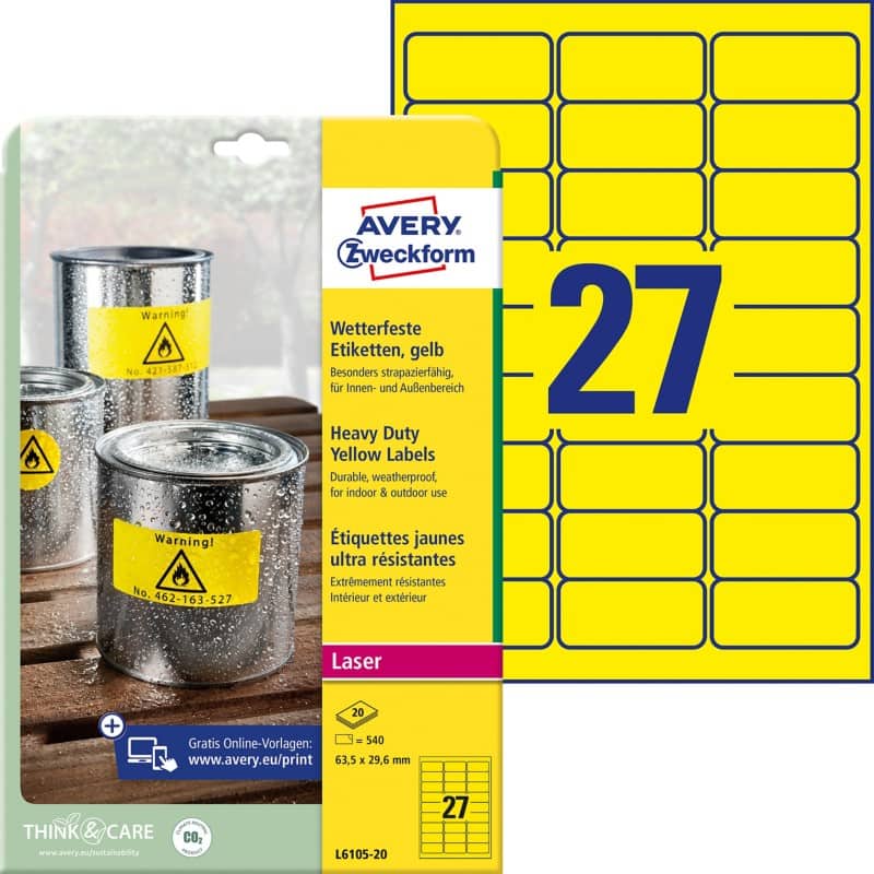 Étiquettes résistantes Avery L6105-20 Adhésif A4 Jaune 63.5 x 29.6 mm 20 Feuilles de 27 Étiquettes