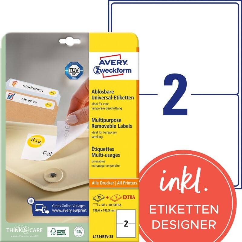 Étiquettes repositionnables Avery L4734REV-25 Stick & Lift Blanc A4 199,6 x 143,5 mm 30 Feuilles de 2 Étiquettes