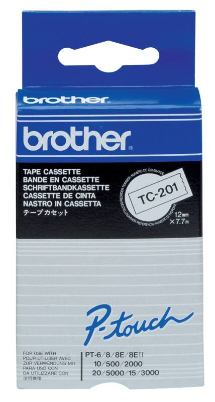 Ruban d'étiquettes Brother TC-201 d’origine Autocollantes Noir sur blanc 12 mm x 7,7m