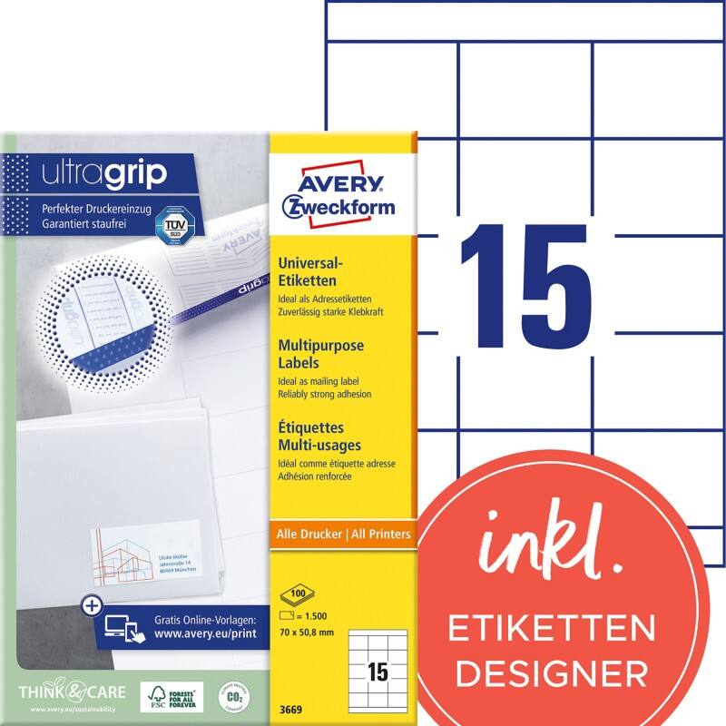 Étiquettes universelles Ultragrip Laser Avery 3669 Adhésif A4 Blanc 70 x 50.8 mm 100 Feuilles de 15 Étiquettes