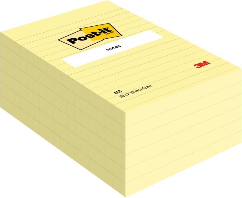 Notes Post-it Lignées Grand format 101 x 152 mm Jaune canari 6 Blocs de 100 Feuilles