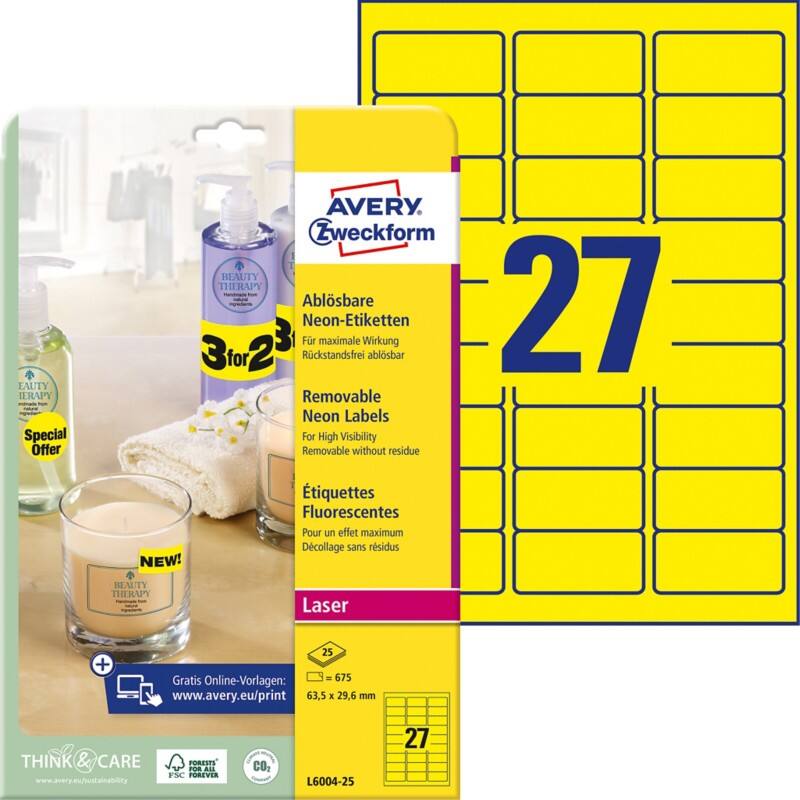 Étiquettes fluo Avery L6004-25 Jaune fluo 63,5 x 29,6 mm Rectangulaire 25 feuilles de 27 étiquette