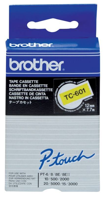Rouleau d’étiquettes Brother TC-601 d’origine en continu Autocollantes Noir sur Jaune 12 mm x 7,7 m