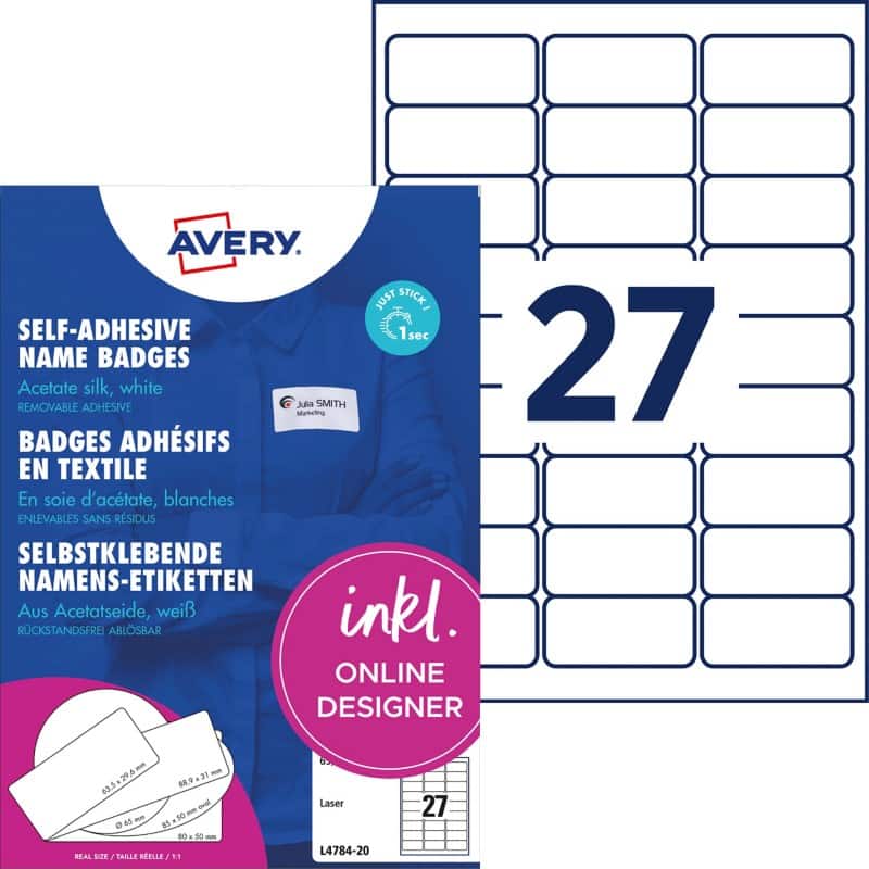 Badges adhésifs Avery L4784-20 Adhésif A4 Blanc 63.5 x 29.6 mm 20 Feuilles de 27 Étiquettes