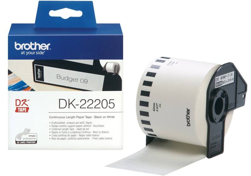 Rouleau d'étiquettes Brother QL Authentique DK-22205 DK-22205 Autocollantes Noir sur Blanc  62 mm x 30,48 cm