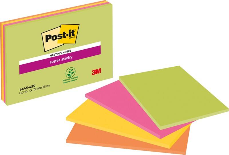 Notes Super Sticky Post-it 152 x 101 mm Couleurs fluo Rectangulaire 4 Blocs de 45 Feuilles