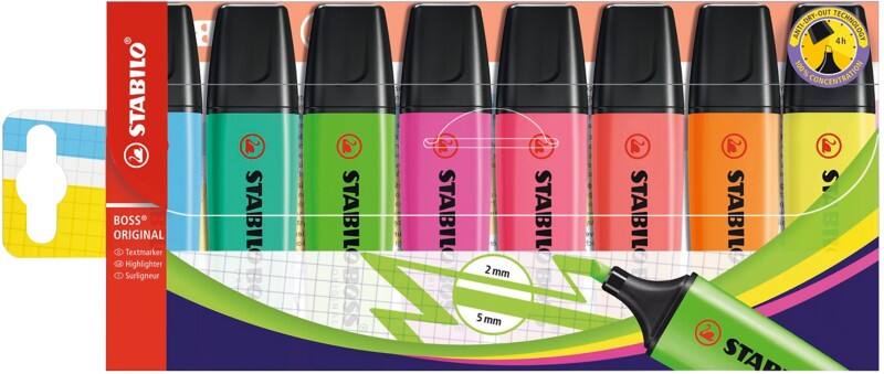 Surligneur STABILO BOSS ORIGINAL Assortiment Moyen Biseauté 2 - 5 mm Rechargeable 8 Unités