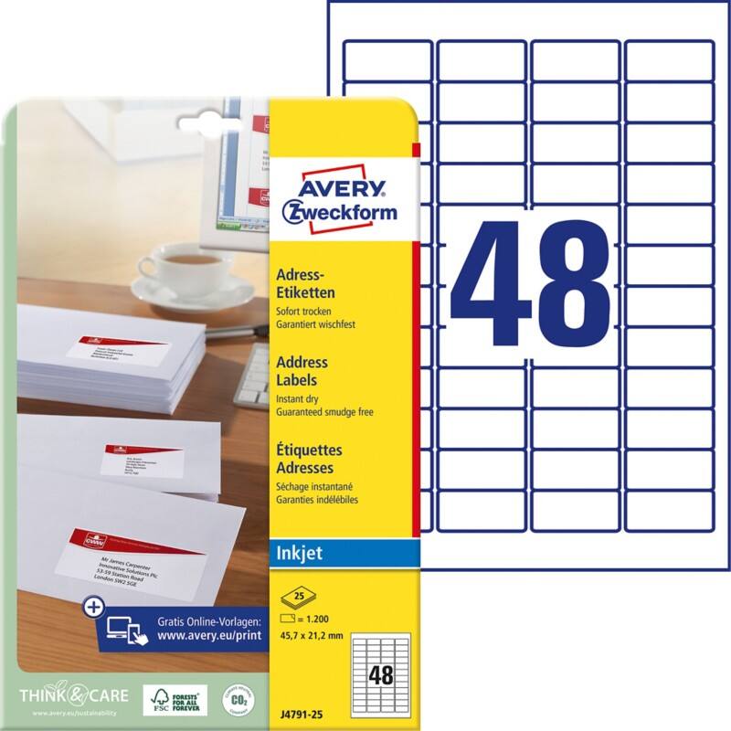 Étiquettes d'adresse Laser Avery J4791-25 Adhésif A4 Blanc 45.7 x 21.2 mm 25 Feuilles de 48 Étiquettes