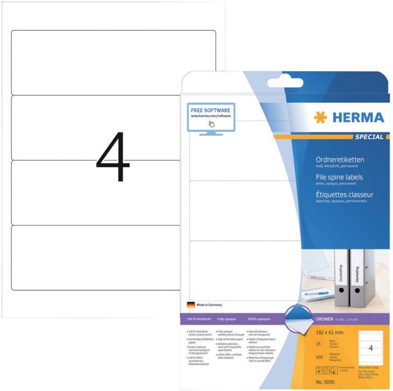 Étiquettes pour dos de classeur SuperPrint HERMA A4 61 mm Blanc 25 Feuilles de 4 Étiquettes 5095