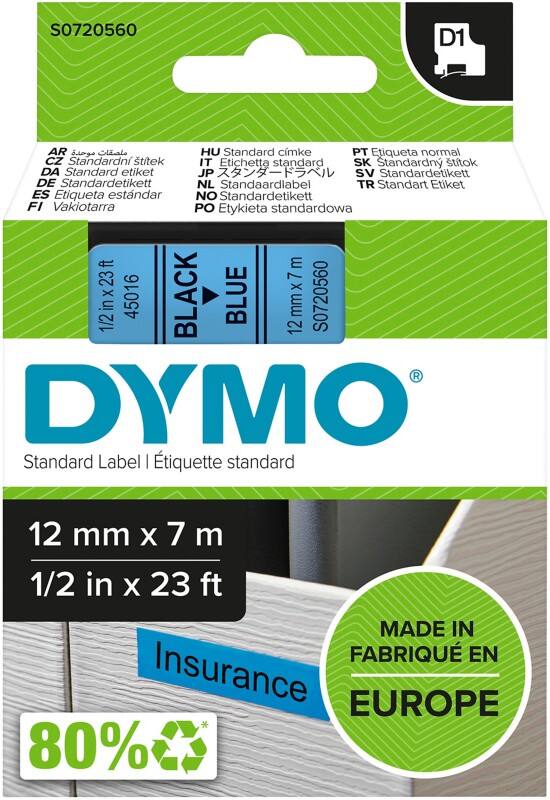 Ruban d'étiquettes DYMO D1 Authentique 45016 S0720560 Autocollantes Noir sur Bleu 12 mm x 7 m