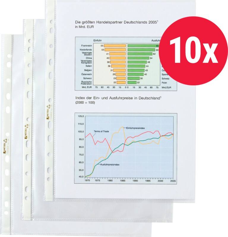 Pochettes perforées Top Quality Hetzel A4 Transparent 110 microns PP (Polypropylène) Ouverture par le haut 11 perforations 22495190 10 unités