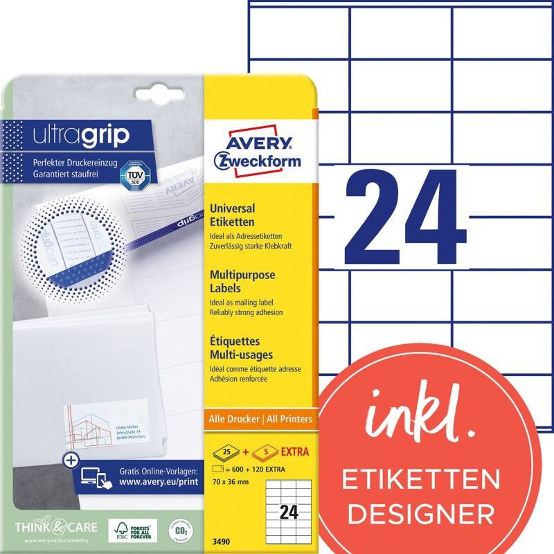 Étiquettes universelles Ultragrip Laser Avery 3490 Adhésif A4 Blanc 70 x 36 mm 30 Feuilles de 24 Étiquettes