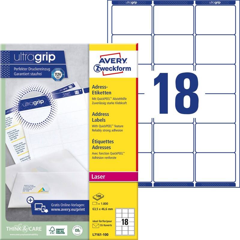Étiquettes d'adresse Ultragrip Avery L7161-100 Adhésif A4 Blanc 63.5 x 46.6 mm 100 Feuilles de 18 Étiquettes