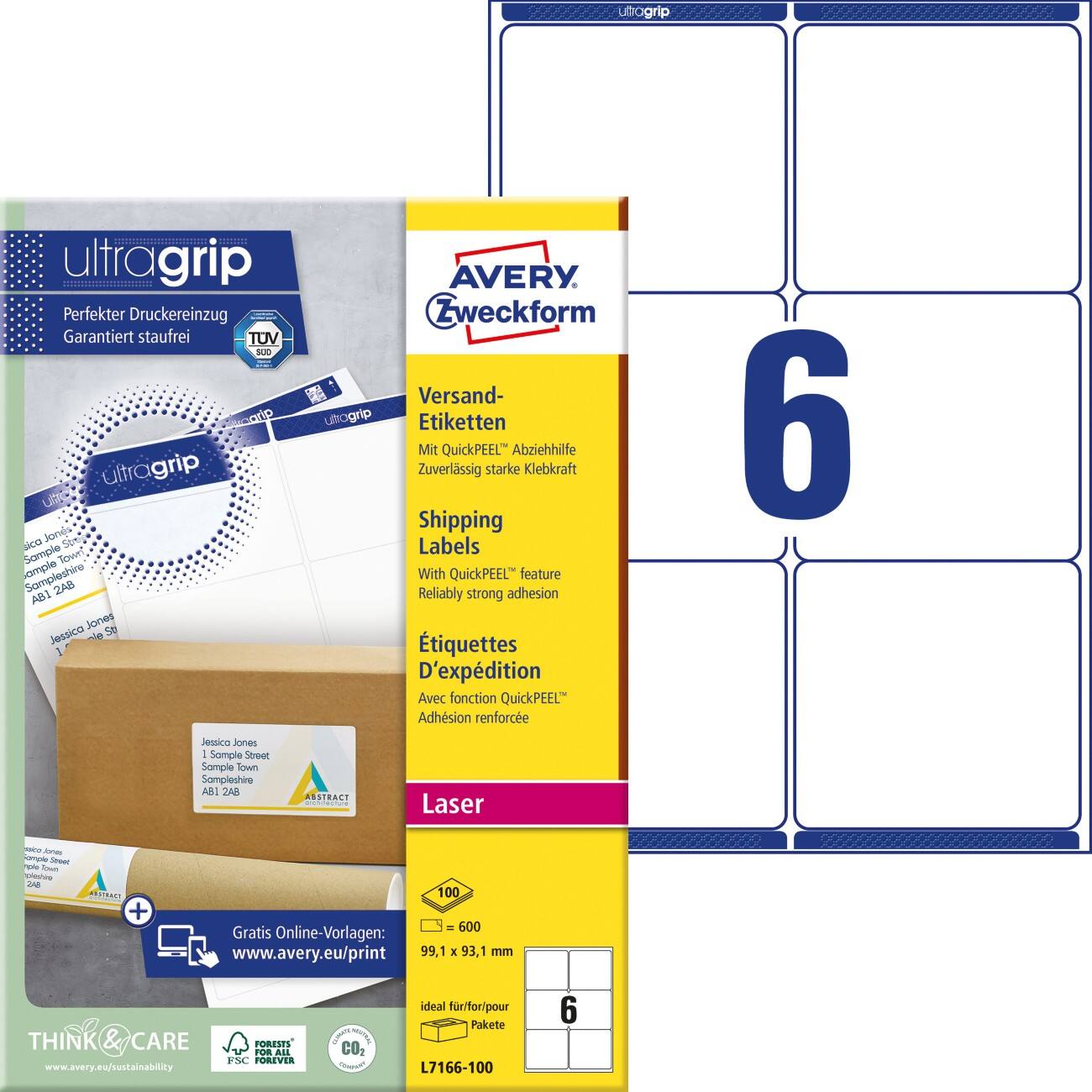 Étiquettes d'expédition AVERY Zweckform UltraGrip L7166-100 Adhésif A4 Blanc 99,1 x 93,1 mm 100 feuilles de 6 unités