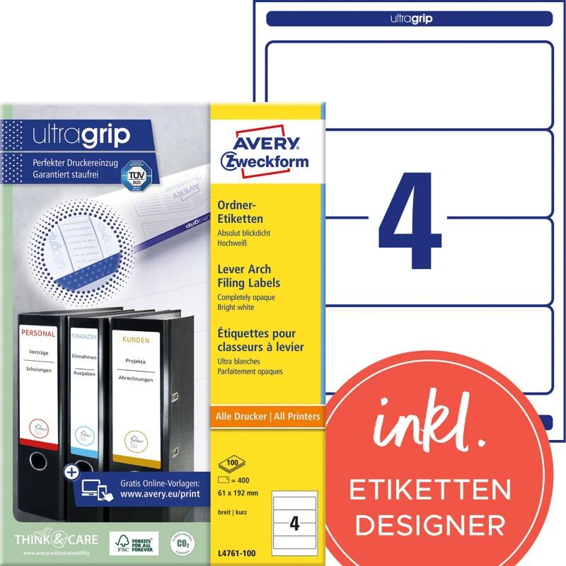 Étiquettes pour dos de classeur à levier Avery Ultragrip L4761-100 Blanc A4 192 x 61 mm 100 Feuilles de 4 Étiquettes