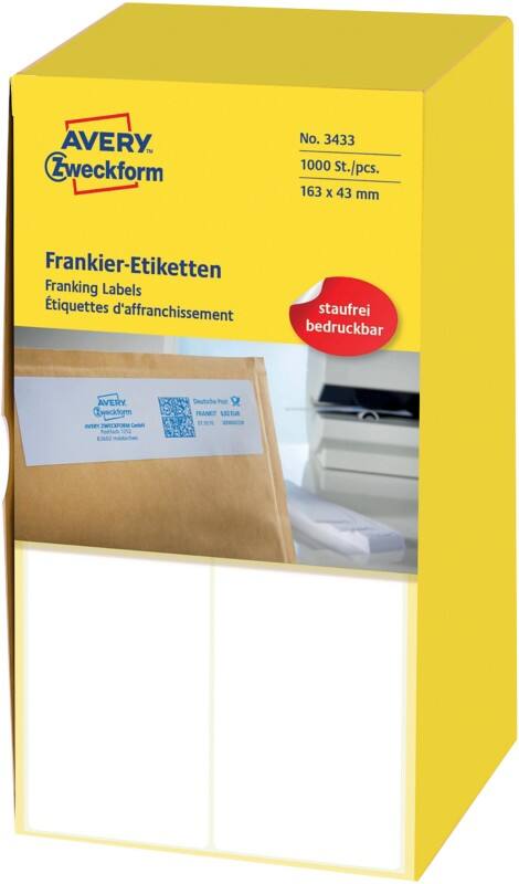 Étiquettes d'affranchissement Franking Avery 3433 Blanc 163 x 43 mm 500 Feuilles de 2 Étiquettes