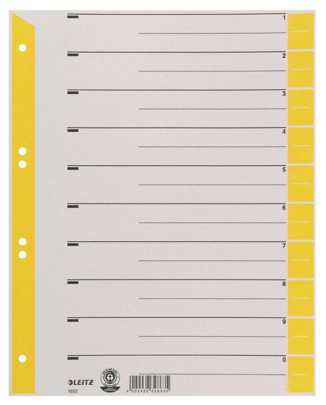 Intercalaires Leitz 1 à 10 A4 extra large Jaune Assortiment 1 intercalaire Carton 6 Perforations 1652 100 Unités