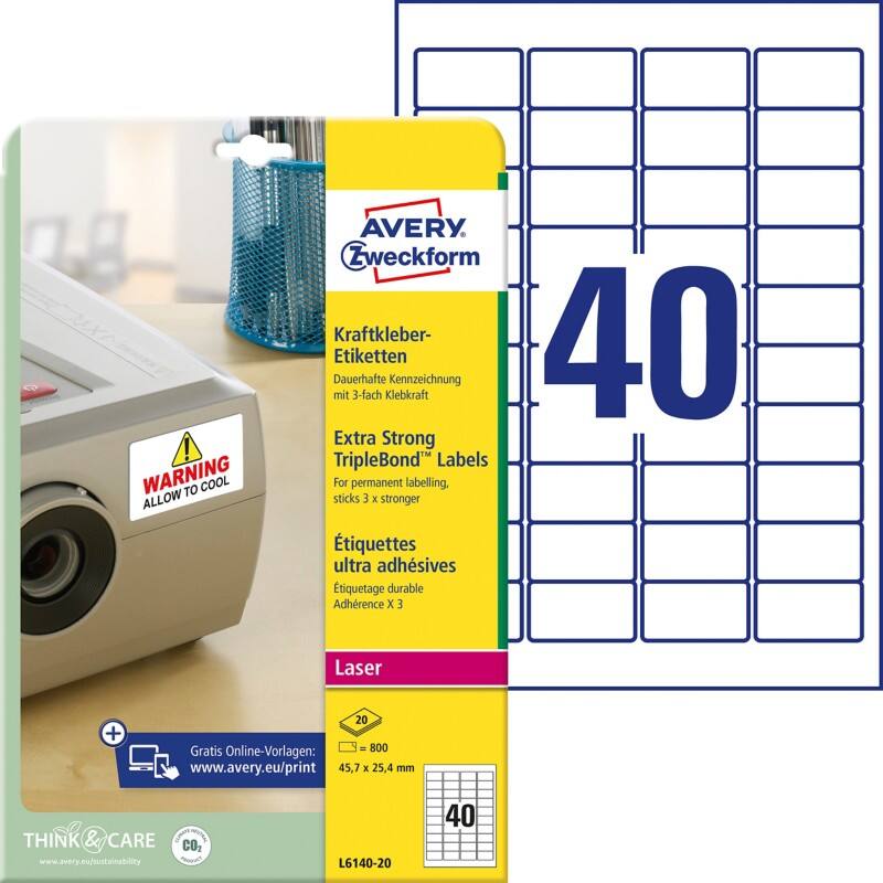 Étiquettes ultra-adhésives Avery L6140-20 Blanc A4 45,7 x 25,4 mm 20 Feuilles de 40 Étiquettes