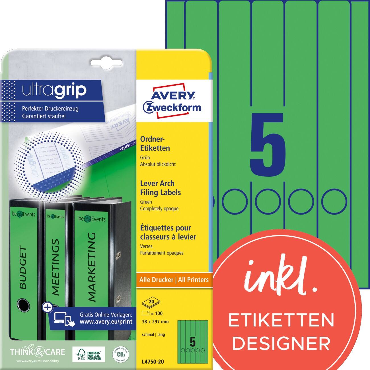 Étiquettes pour dos de classeur AVERY Zweckform UltraGrip Adhésif Étroit L4750-20 A4 38 x 297 mm Vert 20 feuilles de 5 étiquettes