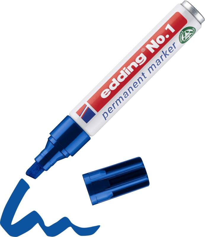 Marqueur permanent edding No, 1 100% Recyclé Large Biseauté 1 - 5 mm Bleu Rechargeable Résistant à l'eau