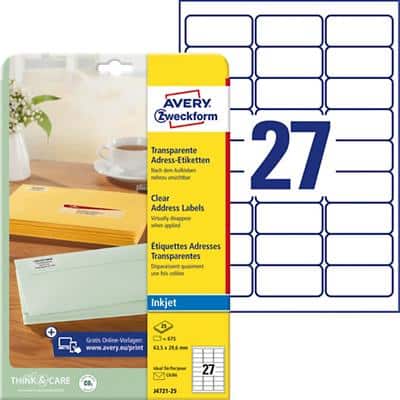 Étiquettes universelles Avery Zweckform J4721-25 QuickPEEL Transparent 63,5 x 29,6 mm 27 Feuilles de 25 Étiquettes