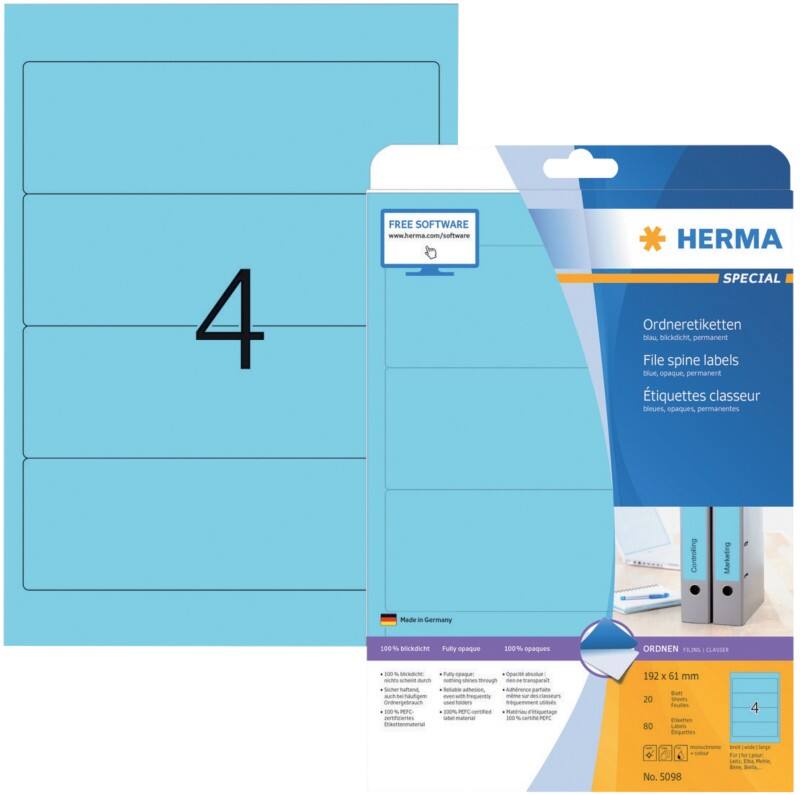 Étiquettes pour dos de classeur SuperPrint HERMA A4 61 mm Bleu 20 Feuilles de 4 Étiquettes 5098