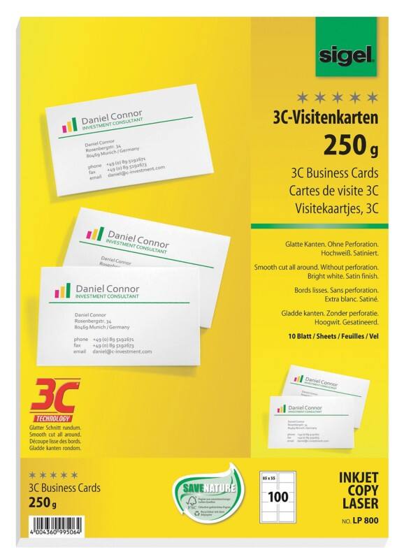 Cartes de visite Sigel 250 g/m² Blanc 10 Feuilles de 10 Unités